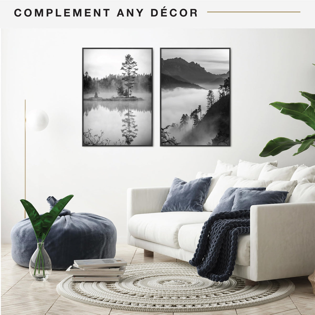 Living room with white sofa, decorative pillows, and wall art of nature scenes.