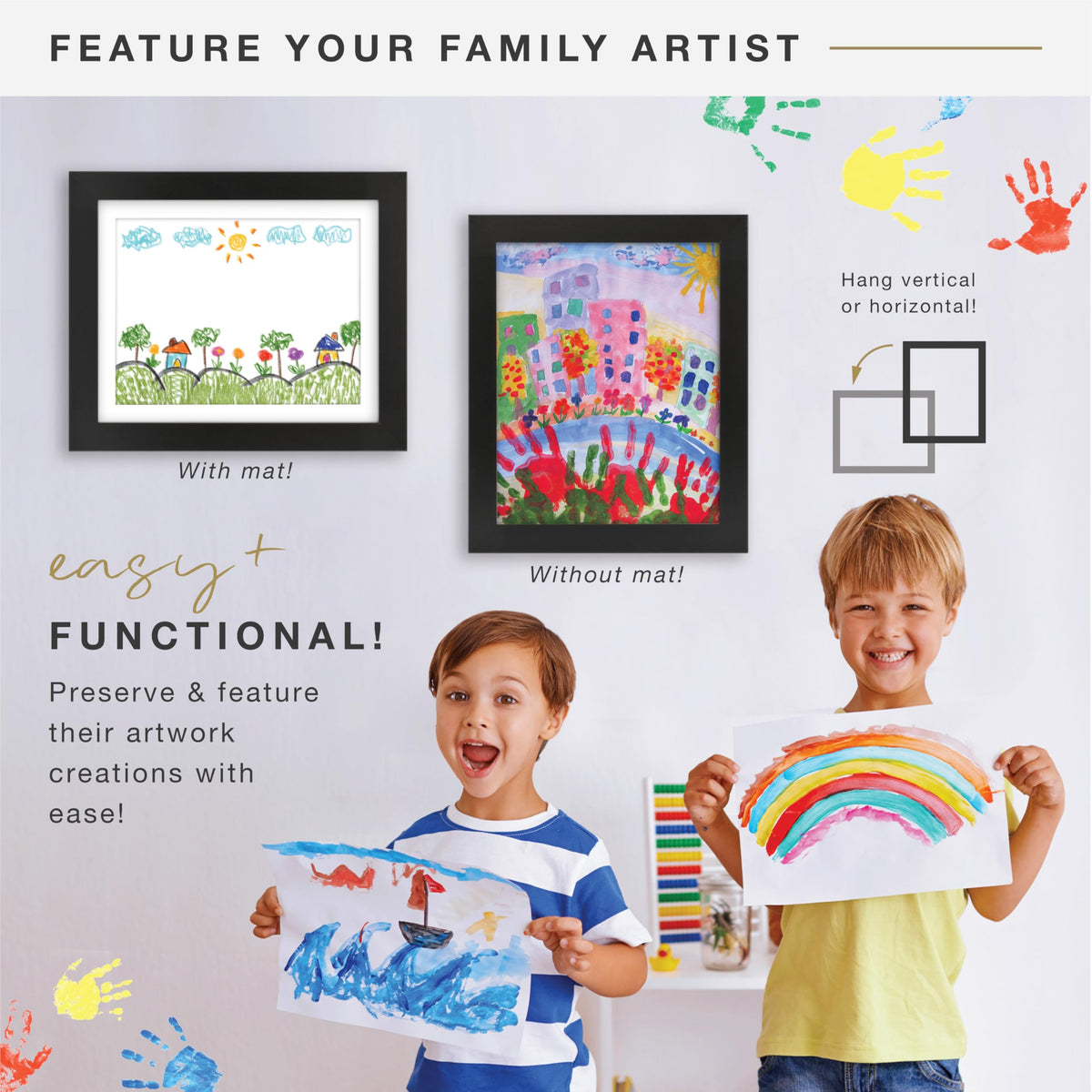 Kids Art Matted Display Frame, 10x12.5 with 8.5x11 Mat, Black, 2-Pack