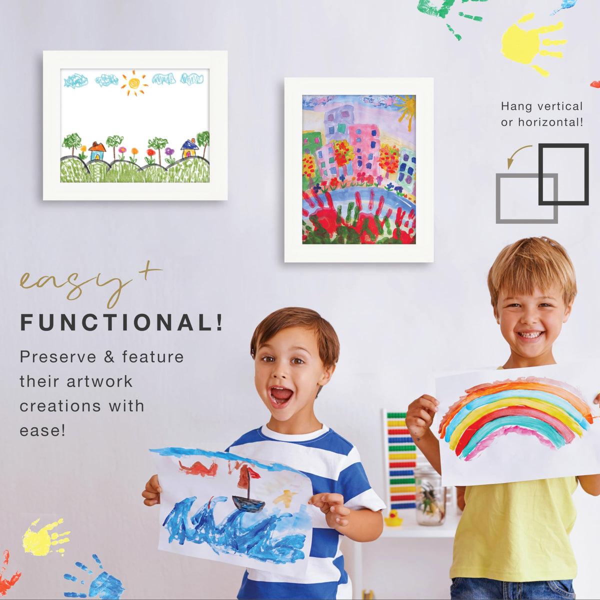 Children holding up their artwork with framed drawings on a wall, promoting a product to feature family art.
